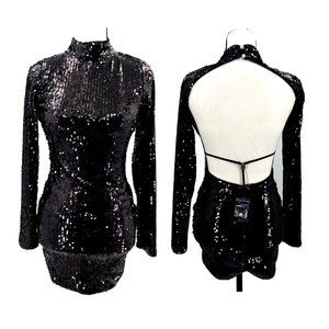 QUII Sz S Little Black Dress All Over Sequin Backless Long Sleeve Stretch NEW